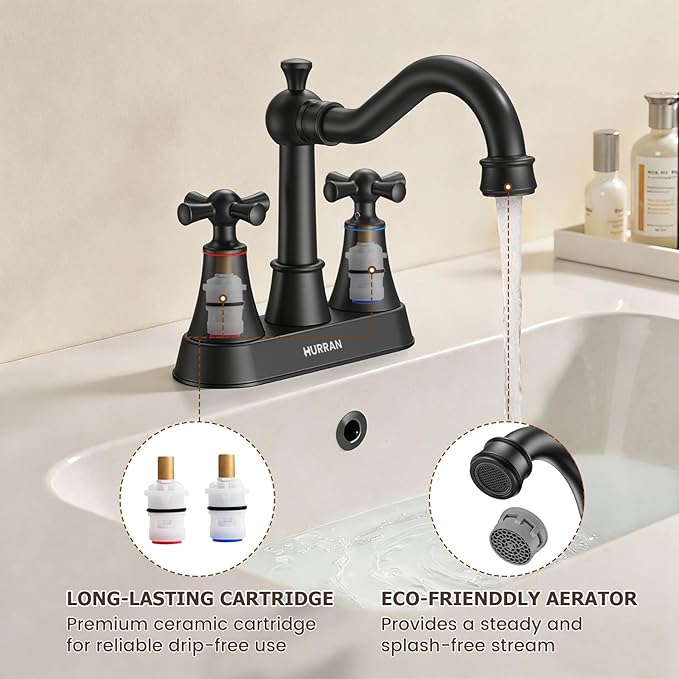 Hurran 4-inch Centerset Matte Black Classical Bathroom Faucet, 2 Handles for 2 or 3 Hole Sink with 360° Swivel Spout, Pop Up Drain Assembly and Supply Hose for Vanity Sink Lavatory Faucet