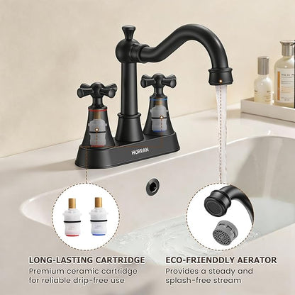 Hurran 4-inch Centerset Matte Black Classical Bathroom Faucet, 2 Handles for 2 or 3 Hole Sink with 360° Swivel Spout, Pop Up Drain Assembly and Supply Hose for Vanity Sink Lavatory Faucet