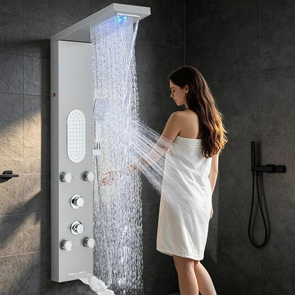 Luxury Shower Tower System with LED Shower Head, 5 Functions Shower Panel Tower System with 4 pcs Body Massage Jets,Stainless Steel Wall Mount Massage Shower Panel Tower System Brushed Nickel