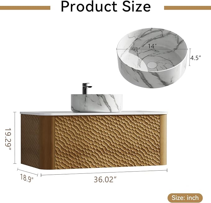 36 Inch Modern Bathroom Vanity with Ceramic Sink, Floating Bathroom Vanity Cabinet with Sintered Stone Top&Solid Wood Hammered Frame, Single Sink Bathroom Vanities w/Soft-Close Drawers,Natural