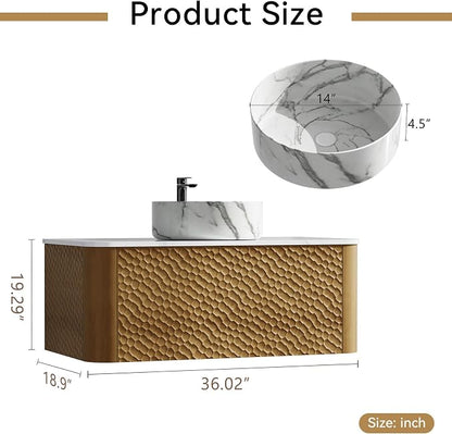 36 Inch Modern Bathroom Vanity with Ceramic Sink, Floating Bathroom Vanity Cabinet with Sintered Stone Top&Solid Wood Hammered Frame, Single Sink Bathroom Vanities w/Soft-Close Drawers,Natural