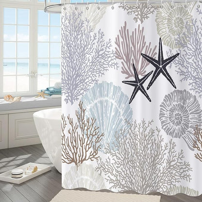 Nautical Coastal Shower Curtain, Brown Tan Blue Ocean Beach Seashell Starfish Themed Bathroom Curtain Waterproof Fabric Machine Washable with Hooks, 60" Wx72 L