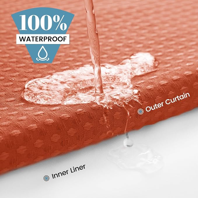 SORTTO No Hook Shower Curtain with Snap in Liner Set Waffle Shower Curtain for Bathroom Hotel Style Fabric Waterproof Inner Liner，71" W x 74" H, Coral
