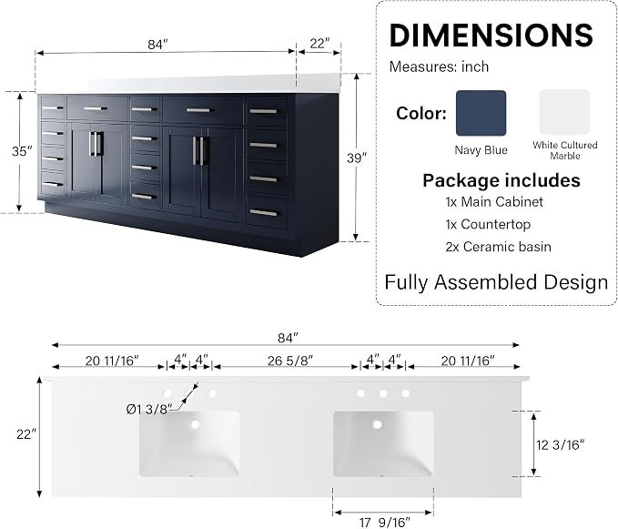 84-Inch Bathroom Vanity with Double Sinks W/ 4 Doors & 12 Drawers & 2 Flip Drawers, Navy Blue Vanity W/Brushed Nickel Handles