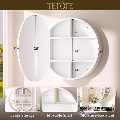TETOTE Bathroom Mirror Cabinet 28 x 28 White Round Bathroom Medicine Cabinet with Mirror Adjustable Shelves Farmhouse Wall Mirror with Storage Surface Mounted