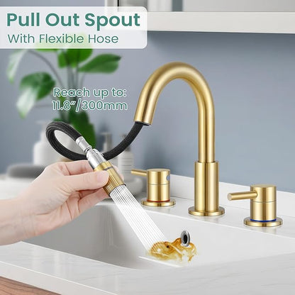 Brushed Gold Bathroom Faucet 3 Hole with Pull Out Sprayer, 8 inch Widespread Bathroom Faucets with Pop Up Drain, Bathroom Sink Faucet with 360° Swivel Spout, 2 Handle Vanity Faucet