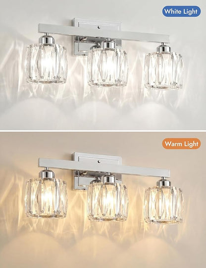 VOLISUN Crystal Vanity Lights for Bathroom, 3 Light Bathroom Vanity Light, Modern Stainless Steel Bathrooms Lights Over Mirror, Chrome Bathrooms Lights Fixtures-UL Certificated(Exclude Bulb)