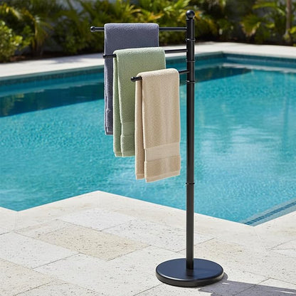 MyGift 40 Inch Black Metal Standing Towel Rack with 3 Swivel Arms | Freestanding Bathroom Towel Rack, Hanging Drying Rack for Home, Spa, Poolside