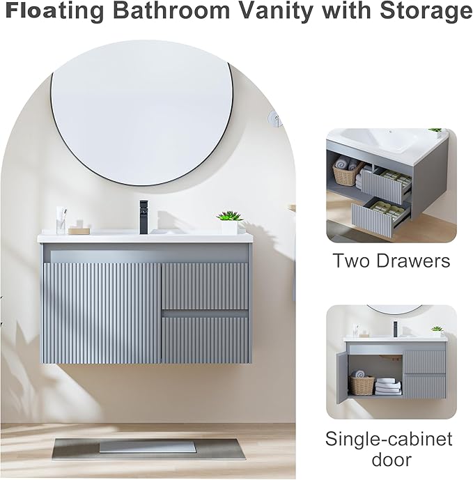 Floating Bathroom Vanity with Sink, 32 Inch Wall Mounted Bathroom Vanity with 2 Drawers and Wave-Carved Design Door, Modern Wooden Cabinet with Ceramic Sink and Storage, Grey