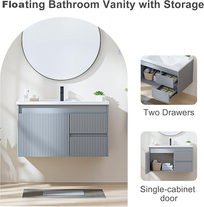 Floating Bathroom Vanity with Sink, 32 Inch Wall Mounted Bathroom Vanity with 2 Drawers and Wave-Carved Design Door, Modern Wooden Cabinet with Ceramic Sink and Storage, Grey