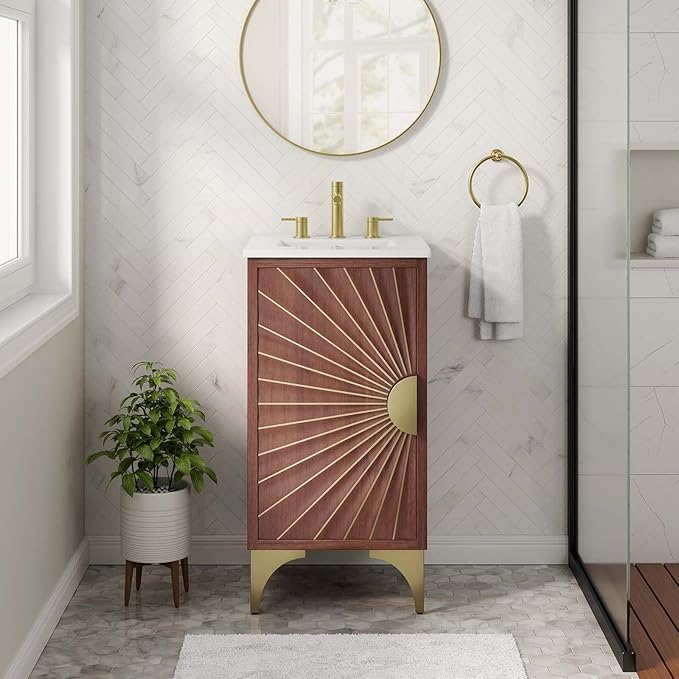 Modway Daylight Bathroom Vanity Cabinet with Ceramic Sink Basin, 18 Inch, White Walnut