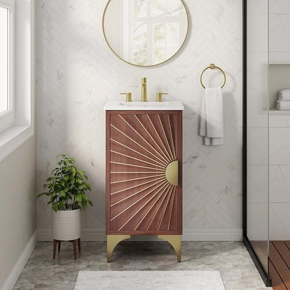 Modway Daylight Bathroom Vanity Cabinet with Ceramic Sink Basin, 18 Inch, White Walnut
