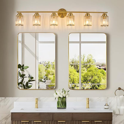 Modern 45.7" Crystal Vanity Light, 6 Light Bathroom Light Fixtures, Gold Vanity Light with Clear Crystal Shades, E26 Base Wall Sconces Vanity Lights for Bathroom Powder Room