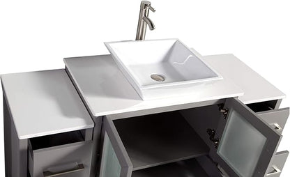 Vanity Art 54 Inch Vessel Single Sink Bathroom Vanity Cabinet with 1 Mirror, Engineered Marble Top Bathroom Cabinet Compact Set with 8 Dovetail Drawers and Soft Closing Doors, VA3130-54-G