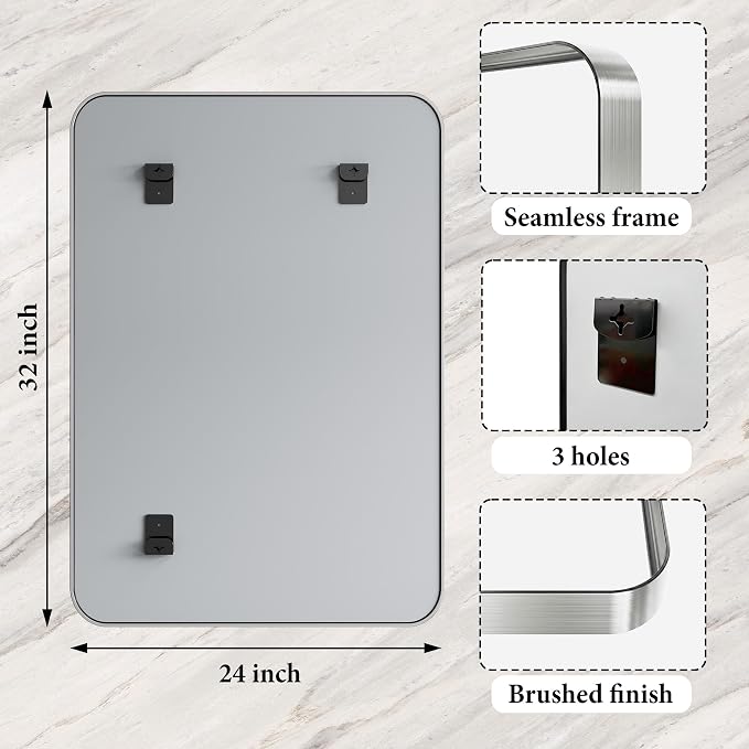 Matte Silver Metal Framed Vanity Rounded Rectangle Bathroom 24X32 Inch Mirrors for Over Sink Wall,Modern Decorative for Restroom, Anti-Rust Aluminum Alloy Mirror, Horizontally or Vertically Hanging