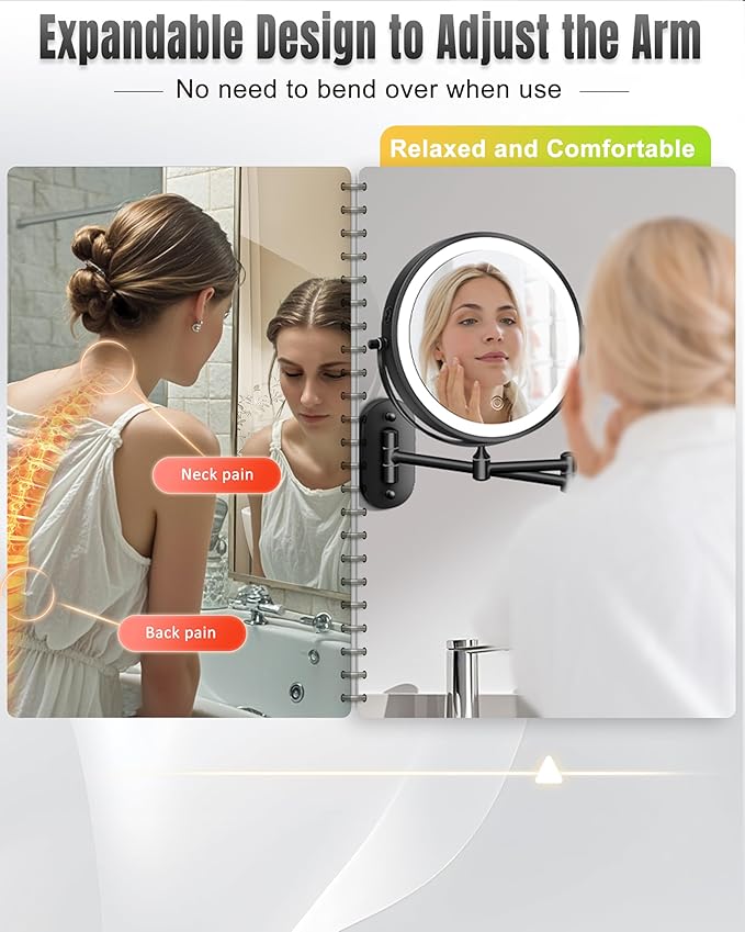 30X/1X 8 Inch Wall Mounted Magnifying Makeup Mirror with Light for Bathroom | 3500mAh Double Sided Rechargeable LED Lighted Vanity Mirror with Magnification 3 Color Light up Extended Arm 360 Rotation