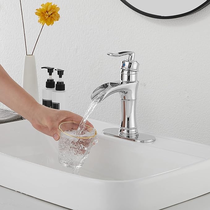 Chrome Bathroom Faucet Waterfall GGStudy Single Handle One Hole Farmhouse Bathroom Vanity Faucet Basin Mixter Tap Deck Mount with Drain Assembly