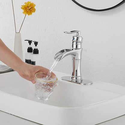 Chrome Bathroom Faucet Waterfall GGStudy Single Handle One Hole Farmhouse Bathroom Vanity Faucet Basin Mixter Tap Deck Mount with Drain Assembly