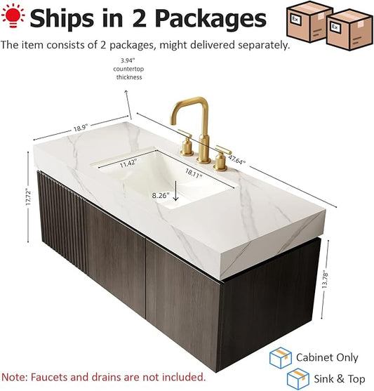 48" Floating Bathroom Vanity with Sink, Plywood Storage Vanities with Drawer and 2 Doors, Carrara White Sintered Stone Top and 3 Pre-drilled Faucet Holes Ceramic Basin, Pre-Assembled Cabinet, Espresso
