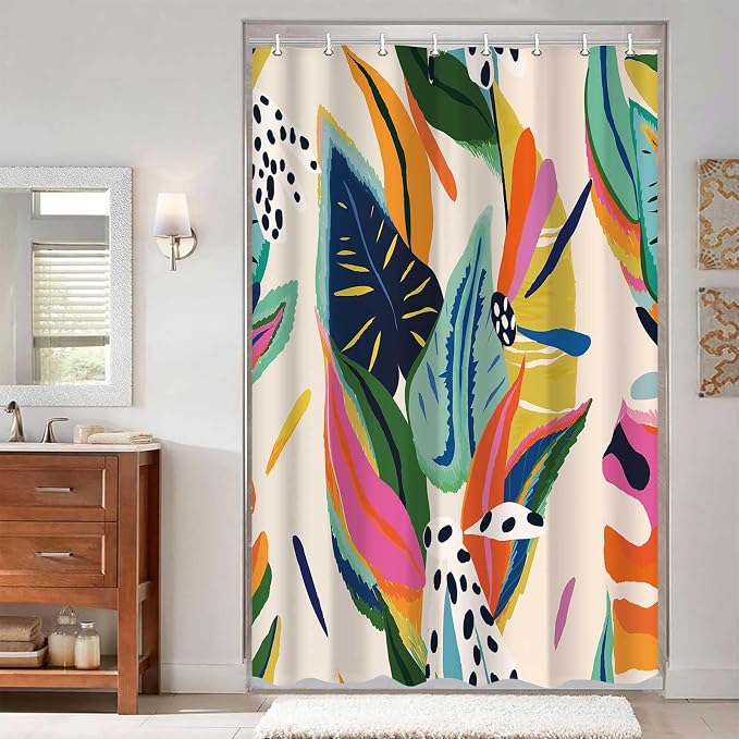 Colorful Abstract Shower Curtain, Floral Boho Modern Asthetic Plant Bathroom Curtain, Waterproof Polyester Fabric Shower Curtain Set with Hooks 36x72 Inch
