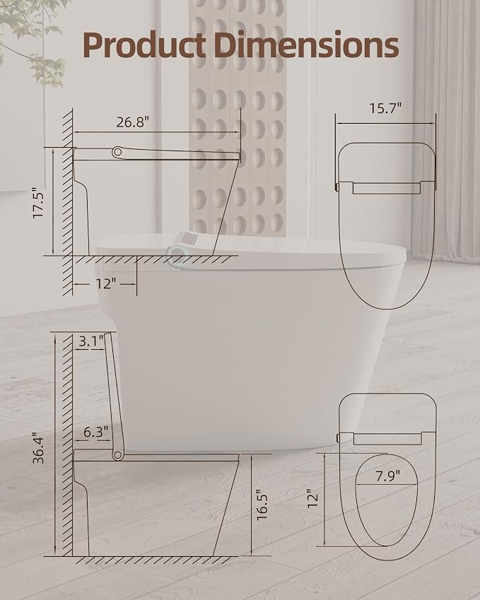 Smart Toilet Lite without Bidet, One Piece Elongated Modern Toilet with Heated Seat, Pump-Assisted Auto Flush, Foot Sensor Operation, Night Light, Built-in Water Tank, Blackout Flush