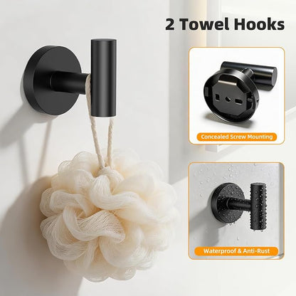 Black 5-Piece Bathroom Hardware Set, 23.6 Inch Towel Bar Set SUS304 Stainless Steel Towel Racks for Bathroom Round Towel Bar, Towel Ring, Toilet Paper Holder, 2 Robe Hooks, Wall Mounted