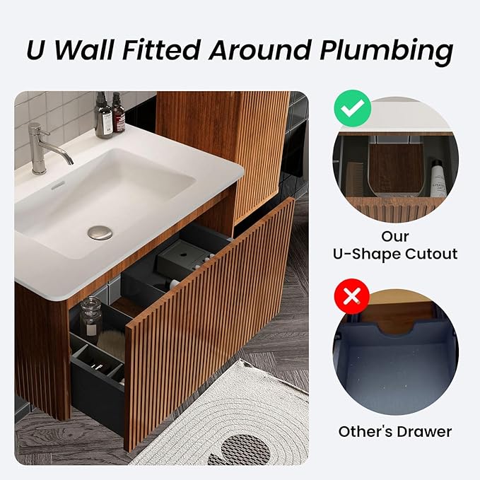30" Bathroom Vanity with Sink, Modern Floating Vanity with Push Open Soft Close Drawer, Large Storage for Small Space, Walnut, Fully Assembled - Camellia Collection
