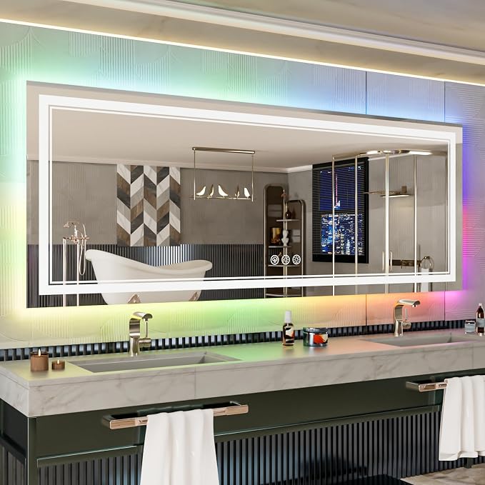 84x32 Inch RGB LED Bathroom Mirror with Lights | Front and RGB Backlit, Dimmable, Memory, Anti Fog, Shatterproof, Horizontal/Vertical, Lighted Mirrors for Bathroom Wall