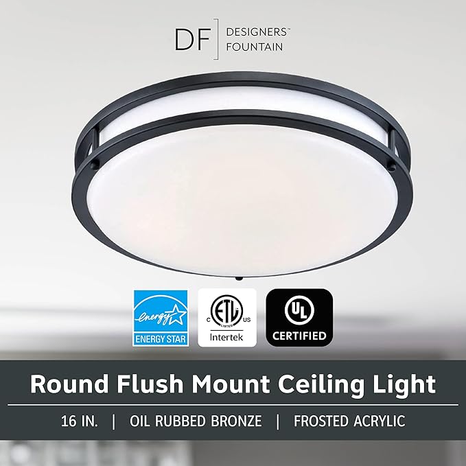 Designers Fountain Flush Mount Ceiling Light, 16 Inch Round LED DC Plastic Lighting Fixture Kitchen, Bedroom, Bathroom, and Hallway, Dimmable, 1800 Lumens, 3000K/4000K/5000K, Bronze, EV1416C3C-34