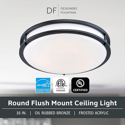 Designers Fountain Flush Mount Ceiling Light, 16 Inch Round LED DC Plastic Lighting Fixture Kitchen, Bedroom, Bathroom, and Hallway, Dimmable, 1800 Lumens, 3000K/4000K/5000K, Bronze, EV1416C3C-34