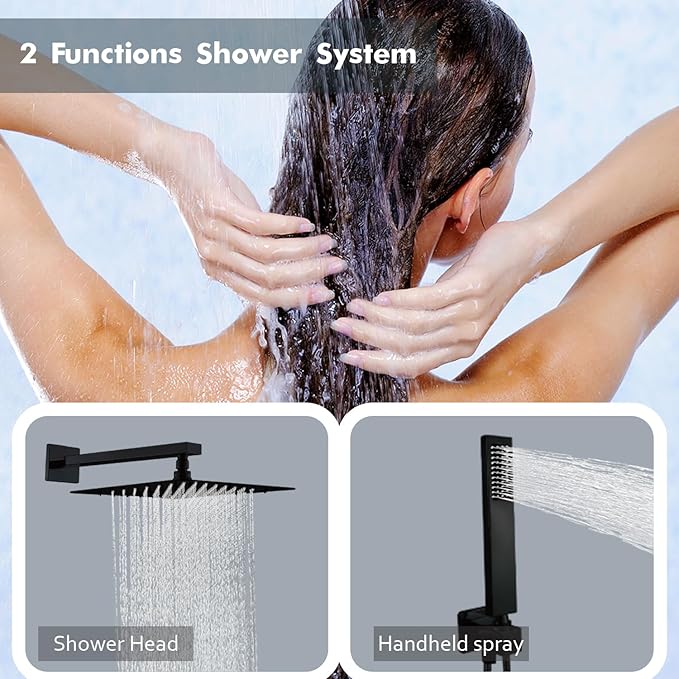 SOLVEX 8 Inch Shower Faucet Set，Shower System Black Stainless Steel Wall Mount Faucet Set with Square High Pressure Showerhead and Handheld Sprayer SP-90110-N