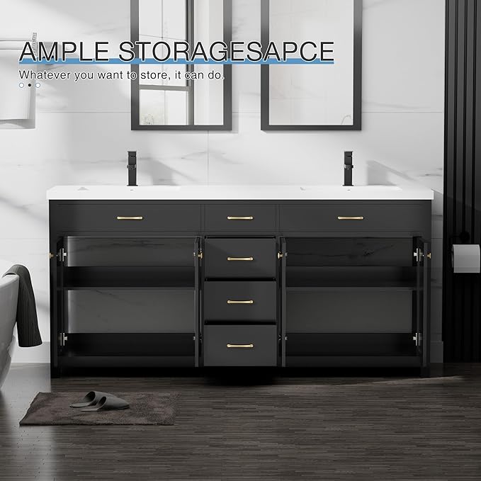 LUCKWIND 72" Bathroom Vanity and Sink Combo, Painted Modern Bathroom Storage Cabinet with Double Large Sink, Four Doors and Three Drawers, Include Faucet, Without Mirror, Black