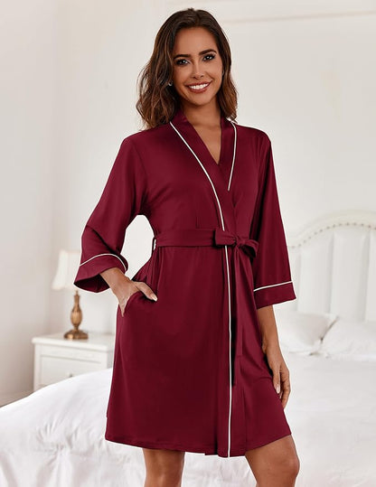 Ekouaer Women Kimono Robes Knee Length Knit Bathrobe Lightweight Soft Sleepwear V-neck Casual Ladies Loungewear