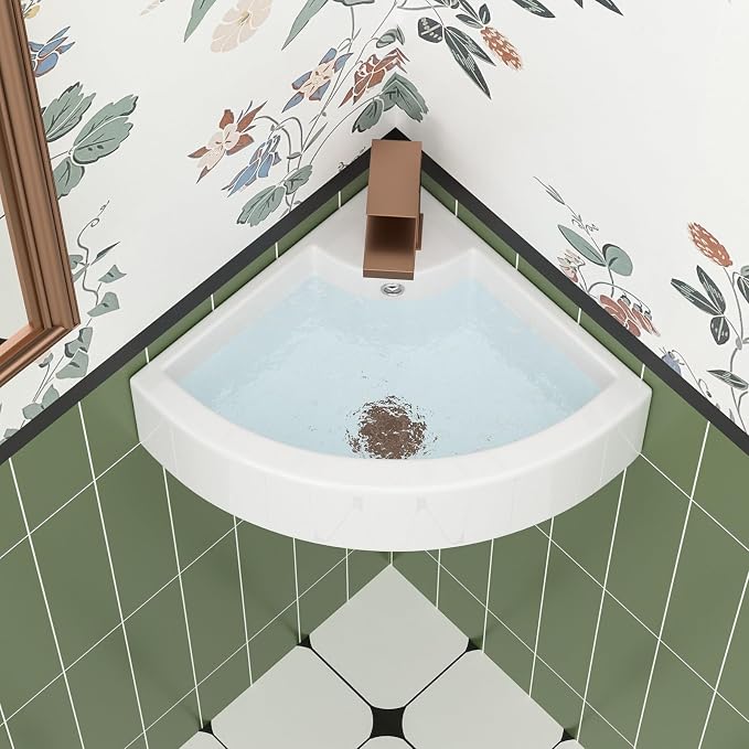 18x13 Wall Mounted Corner Bathroom Sink | Ceramic, Fan-Shaped, Curved Bottom, Easy to Clean, with Overflow, Ideal for Bathroom, Lavatory, Vanity