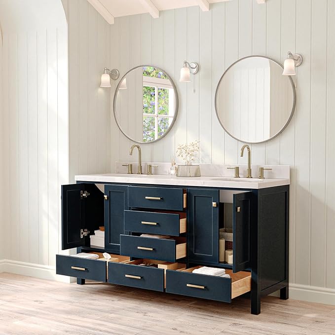 ARIEL Cambridge 66-inch Bathroom Vanity with Sink,Solid Wood, 1.5-inch Carrara White Quartz Countertop, Double Oval Porcelain Sink, 4 Soft Closing Doors, 6 Dovetail Drawers, Midnight Blue