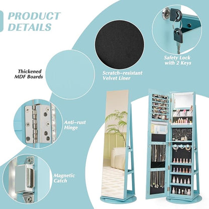 MAT EXPERT 360° Rotating Jewelry Armoire, Lockable Freestanding Jewelry Organizer w/Full-length Mirror, 3-Color LED Lights, Rear Storage Shelves, Mirror Jewelry Cabinet for Bedroom (Sky Blue)