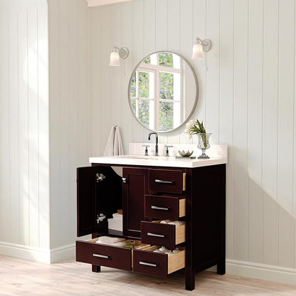 ARIEL Cambridge 36-inch Bathroom Vanity with Sink,Solid Wood, 1.5-inch Pure White Quartz Countertop & Backsplash, Single Oval Porcelain Sink, 2 Soft Closing Doors, 5 Dovetail Drawers, Espresso