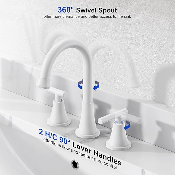 Bathroom Faucet 3 Hole, White Faucets with Pop-up Drain and Supply Lines | Hurran Stainless Steel Lead-Free Widespread Bathroom Sink Faucet for Vanity RV Restroom Laundry Outdoor Utility Sink