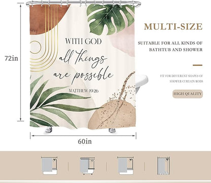 Glawry Boho Bible Verse Shower Curtain 60Wx72L Inches Inspirational Scriptures Quotes Abstract Tropical Green Palm Leaf Mid Century Christian Bathroom Bath Accessories Home Decor Fabric 12 Pack Hooks