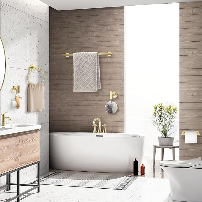 TQKAG Brushed Gold Bathroom Accessories, 5 Piece Towel Racks for Bathroom | 23.6" Bathroom Hardware Set, SUS304 Stainless Steel, Double Post Pivoting, Towel Hooks, Toilet Paper Holder Set Wall Mounted