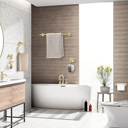 TQKAG Brushed Gold Bathroom Accessories, 5 Piece Towel Racks for Bathroom | 23.6" Bathroom Hardware Set, SUS304 Stainless Steel, Double Post Pivoting, Towel Hooks, Toilet Paper Holder Set Wall Mounted