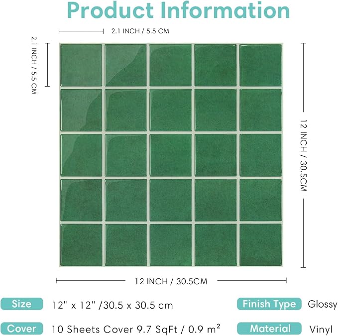 Commomy Thicker Green Peel and Stick Tiles - 10 pcs of 12" x 12" | 3D Adhesive Square Peel and Stick Tiles Backsplash for Kitchen, Bathroom, Removable, Waterproof, Vinyl Wall Tile