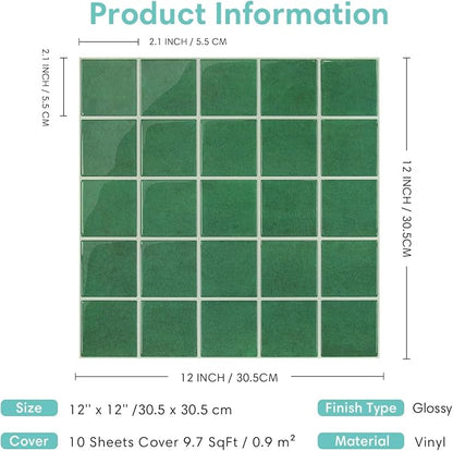 Commomy Thicker Green Peel and Stick Tiles - 10 pcs of 12" x 12" | 3D Adhesive Square Peel and Stick Tiles Backsplash for Kitchen, Bathroom, Removable, Waterproof, Vinyl Wall Tile