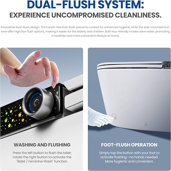 ADA Premium Smart Toilet with Automatic Opening Lid, Microwave & Foot Sensor Flushing, Bidet Wash & Air Dryer, Self-Cleaning Nozzle, Heated Seat, LED Display, Quiet Dual Pump