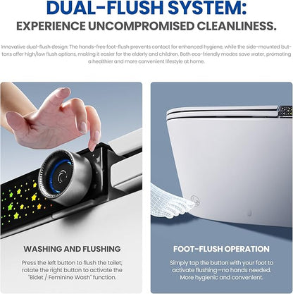 ADA Height Smart Toilet with Foot Sensor Flushing, Bidet Wash & Air Dryer, Self-Cleaning Nozzle, Heated Seat, LED Display, Quiet Dual Pump