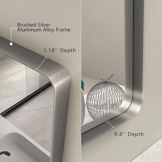 55x40 Inch Silver Brushed Nickel Bathroom Mirror for Wall | Rounded Rectangle, Silver Framed Bathroom Vanity Mirror, Anti-Rust, Shatterproof, Hangs Horizontally or Vertically