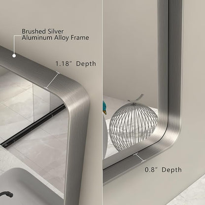 55x40 Inch Silver Brushed Nickel Bathroom Mirror for Wall | Rounded Rectangle, Silver Framed Bathroom Vanity Mirror, Anti-Rust, Shatterproof, Hangs Horizontally or Vertically