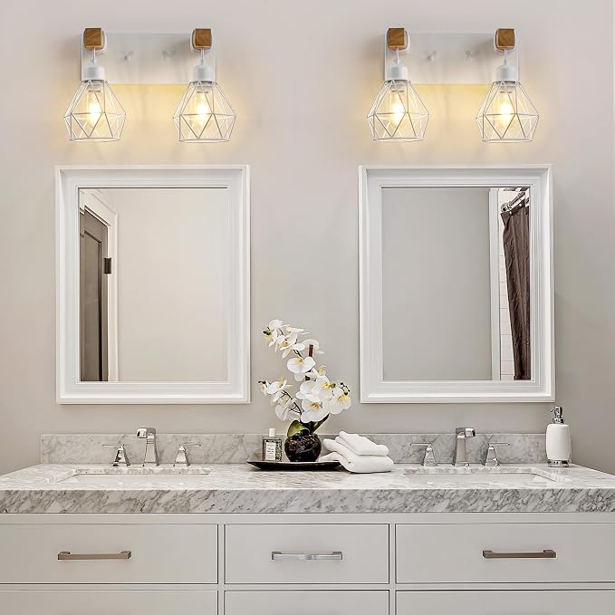 VbiTmn Bathroom Light Fixtures, 2 Light White Farmhouse Wood Vanity Lights | Rustic Design, Diamond Metal Shades, Easy to Install, Wall Sconces for Bathroom, Bedroom, Makeup Area, Over Vanity Mirror