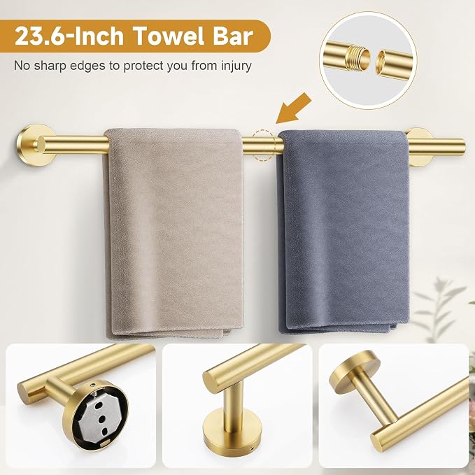 5-Piece Bathroom Hardware Accessories Set,Brushed Gold Towel Bar Set with Smiley Face Towel Rings, Stainless Steel Wall-Mounted Towel Holder Set for Bathroom,23.6 Inch
