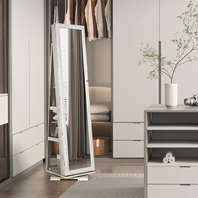 COSTWAY 360 Rotating Jewelry Armoire Cabinet, Standing Jewelry Organizer w/Full-Length Mirror & Large Storage Space, Lockable Mirror Jewelry Cabinet for Girls Women (White)